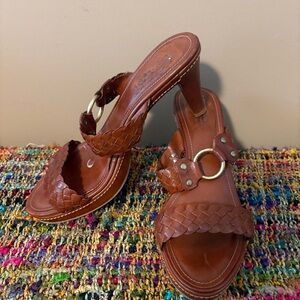 COACH Phebe vintage brown braided leather sandals gold size 9